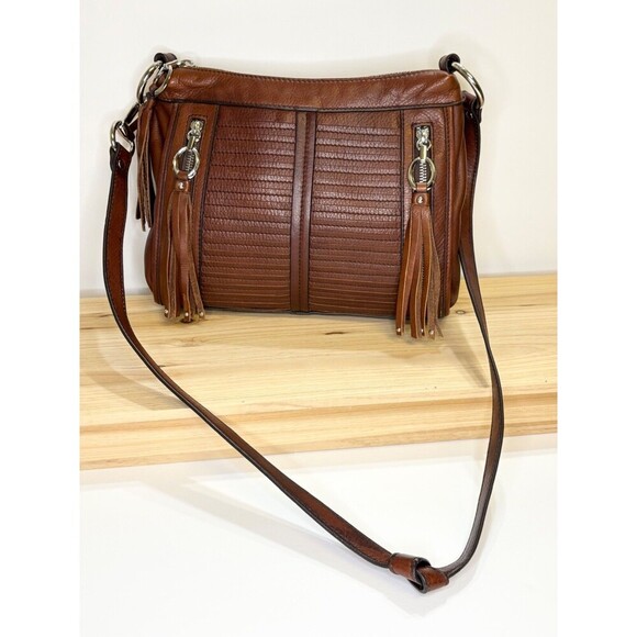B Makowsky Boho Brown Leather Shoulder Crossbody Bag Tassels Zippers Authentic - Picture 6 of 12